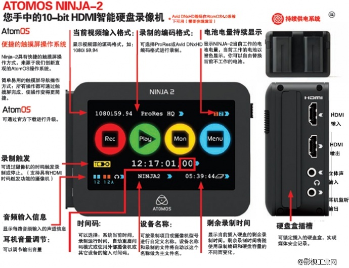 摄像机单反录制伴侣Atomos Ninja2 4:2:2 10bit 220Mbps智能硬盘记录仪