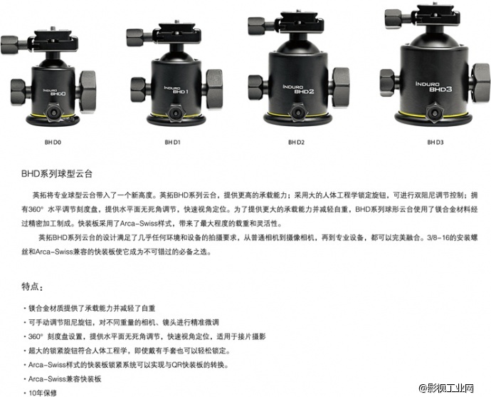 美国Induro 英拓 BHD2 铝合金 球型云台 承重18公斤