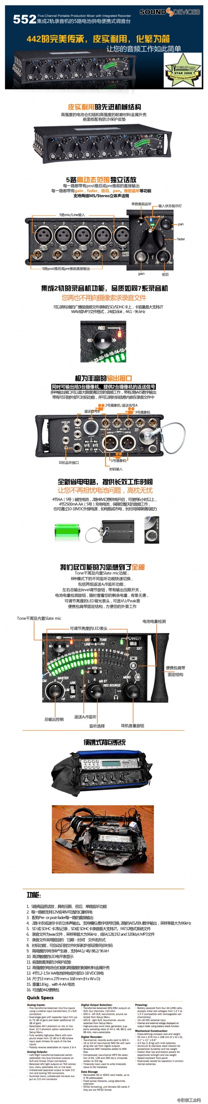 Sound Devices 552 便携式5路调音台,带2轨录音功能