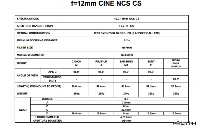 Samyang 12mm T2.2 VDSLR NCS CS Lens