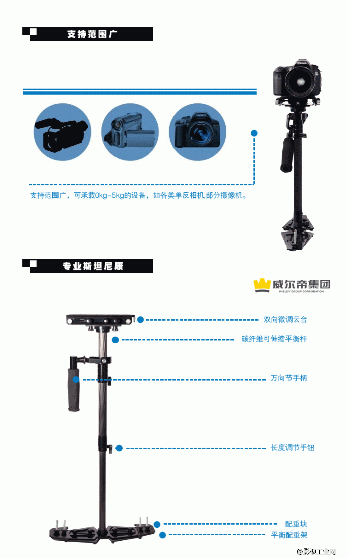 威尔帝 速度王三代手持稳定器 HD2000斯坦尼康 5D3单反摄像套件