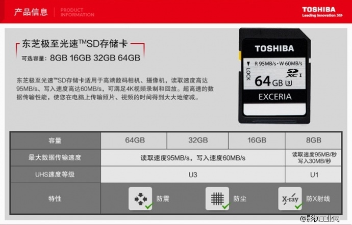 东芝（TOSHIBA）EXCERIA 极至瞬速 U3 SDHC-64G 读95M写60M 支持4K高清