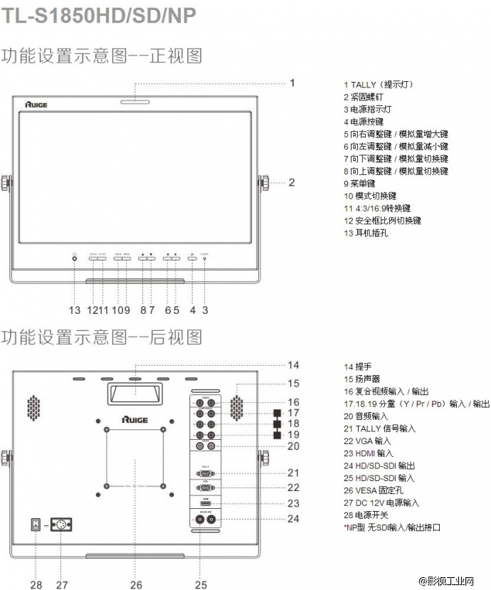 瑞鸽 桌面型TL-S1850HD 18.5寸演播室用高清监视器