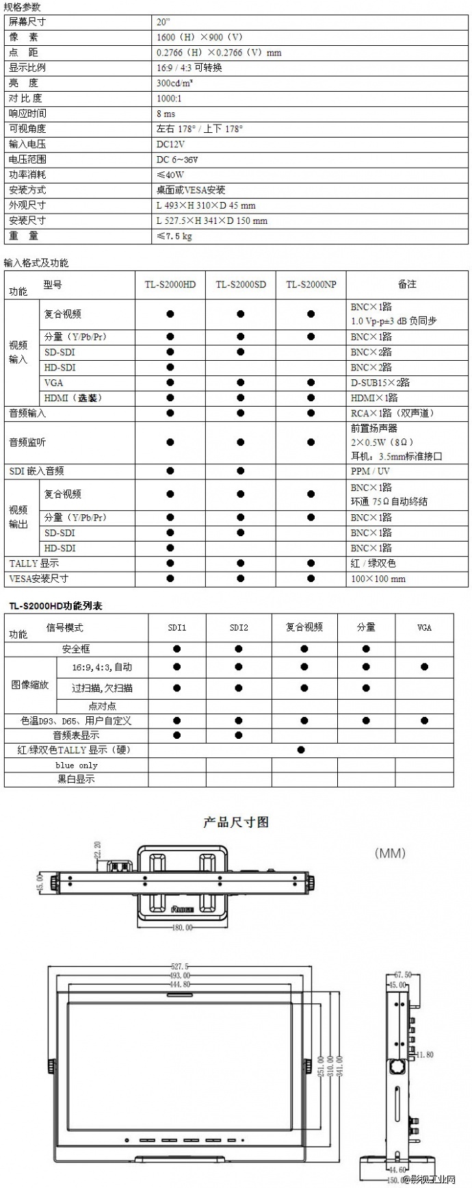 瑞鸽 桌面型TL-S2000HD 20寸广色域全视角IPS影屏监视器