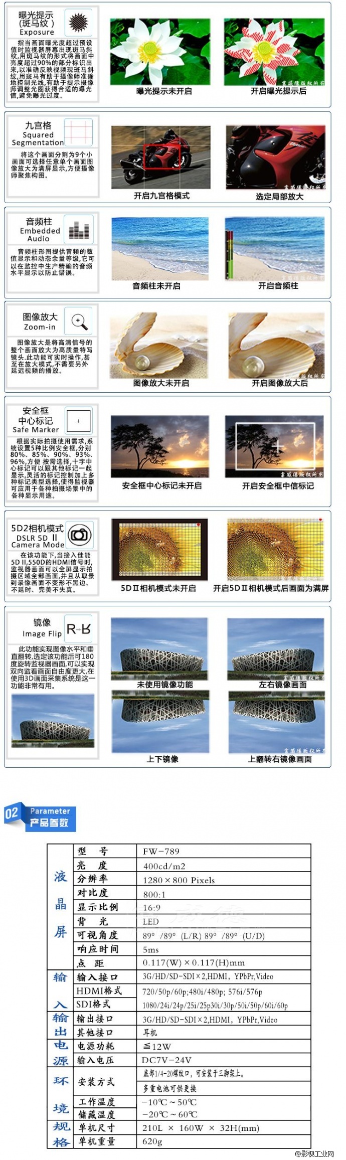 富威德FW789 7寸HDMI全功能 双路3G-SDI高清摄影监视器