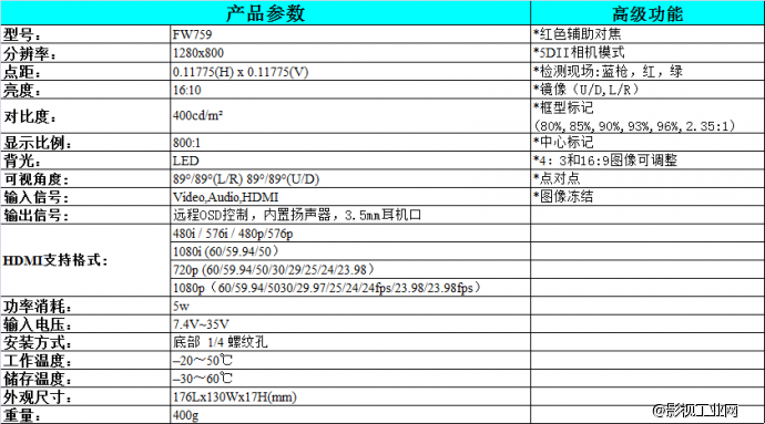 富威德FW759 7寸高清监视器1280*800单反摄像HDMI显示器