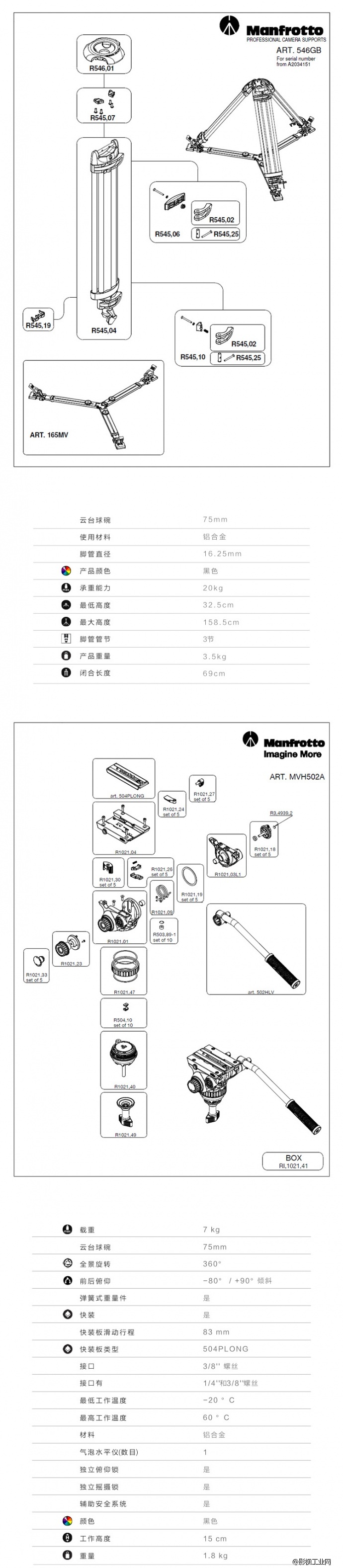 曼富图MVH502A+546GB-1地置双管液压摄像三脚架云台带脚架包