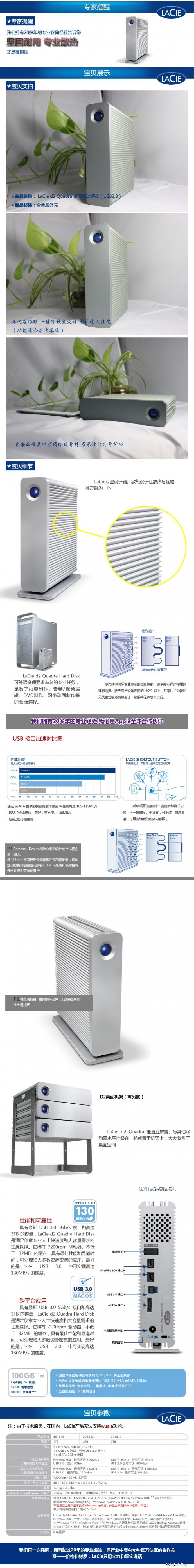 Lacie/莱斯D2 Quadra3TB USB3.0/火线800/esata全接口3.5寸移动硬盘