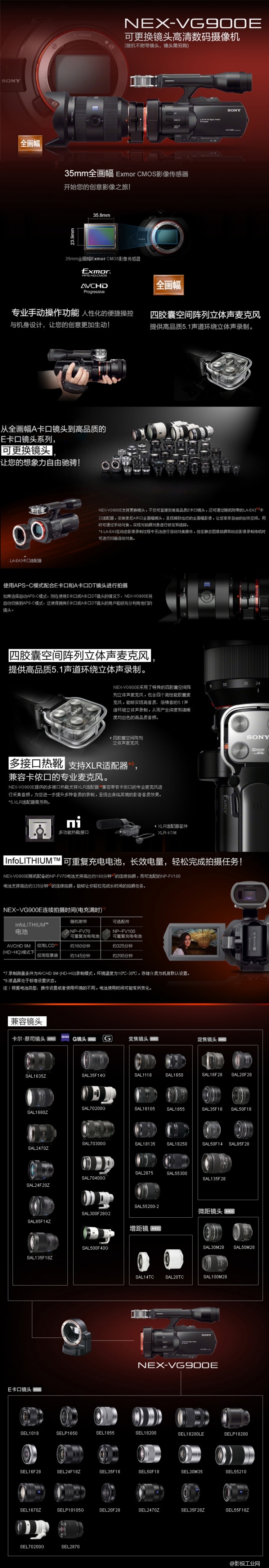 索尼（SONY）NEX-VG900E可更换镜头高清数码摄像机(单机身)