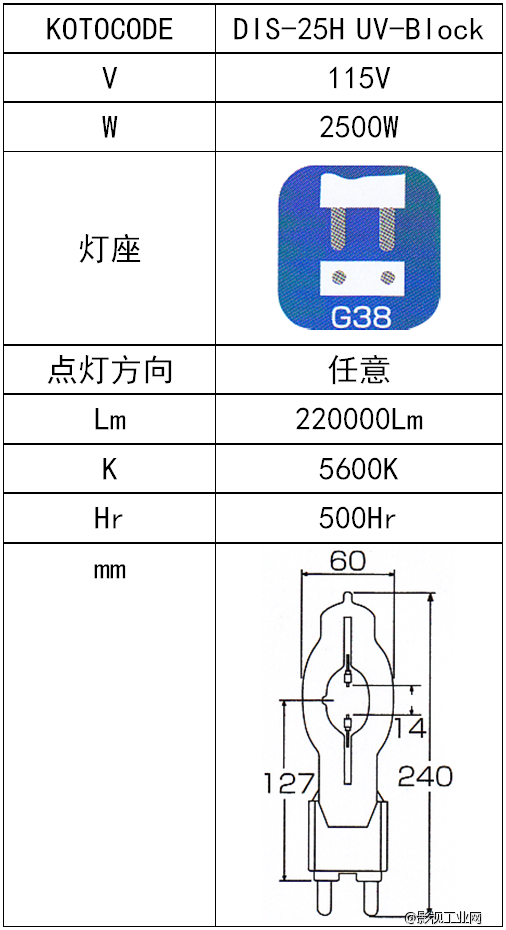 LIGHTSTAR莱斯达 koto 2500W ( DIS-25H UV-Block)灯泡