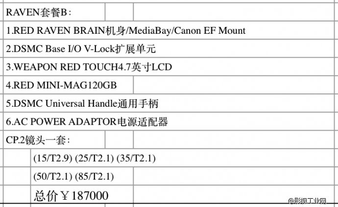 RED青年电影人优惠购机计划之RED RAVEN BASE I/O套餐送蔡司CP.2小光孔镜头，定金6000元