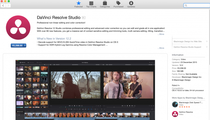 Blackmagic Design在Mac App Store推出DaVinci Resolve 12 Studio，售价RMB 3298