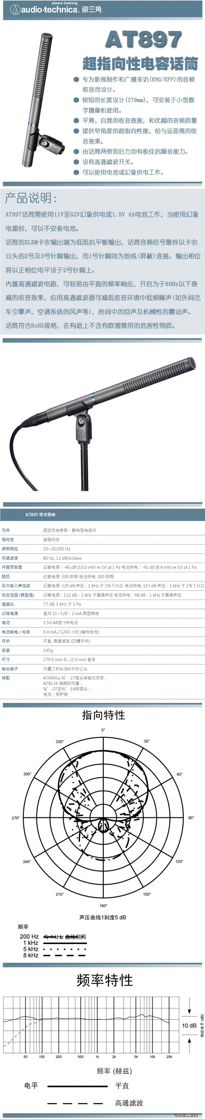 铁三角 AT-897枪式超指向性电容话筒