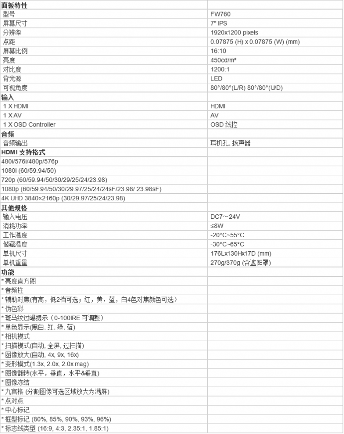 富威德 FW-760 视瑞特K7 7寸 4K HDMI全高清 1920x1200便携式超薄摄影监视器　IPS 屏全视角 5D2 /3 /4　GH4　GH5 单反必备监视器