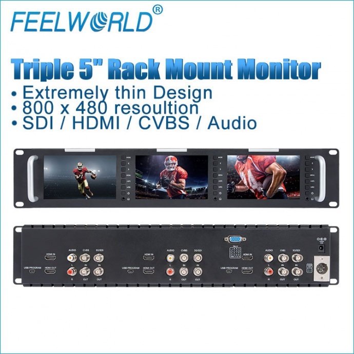 富威德feelworld 5寸分辨率800x480 2RU三联广播级SDI/ HDMI/ AV机柜式视频监视器 T51 5寸三联显示器应用于各级电视台的新闻制作、后期编辑、节目播出和电视转播车、特种车辆视频监控等领域 厂家直销