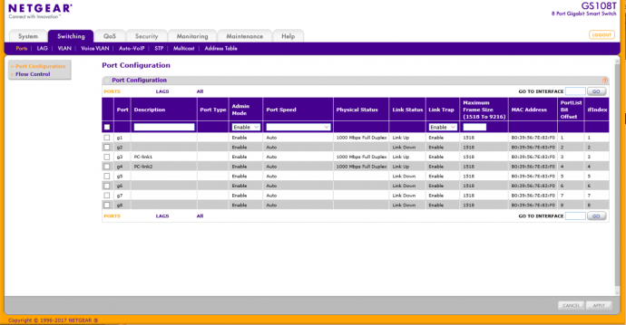 4)登录到我交换机GS108tV2设置页面,进入Switching-Lag选项卡 4)登录到我交换机GS108tV2设置页面,进入Switching-Lag选项卡