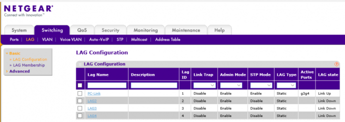 6)看下 LAG Configuration已经把两个口联上 6)看下 LAG Configuration已经把两个口联上